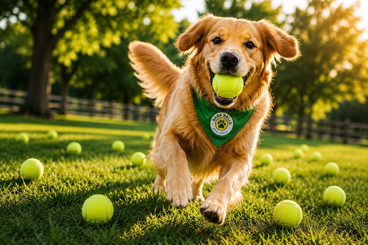 Dog running with a Bark Balls tennis ball on a sunny afternoon