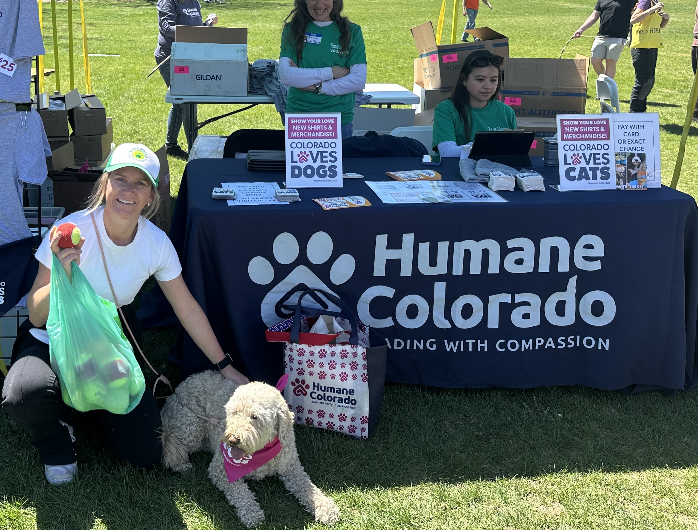 Natalie Ball with Tilly at a Humane Colorado event — donating Bark Balls tennis balls