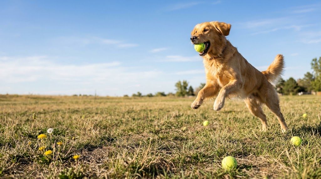 A golden retriever leaping for a tennis ball in a sunny field